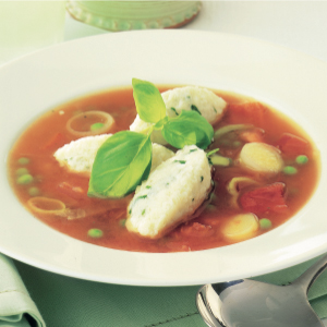 Celeriac dumplings in tomato broth