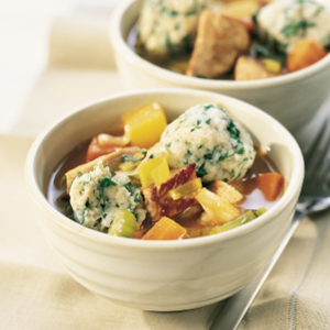 Cidered pork stew with light herb dumplings