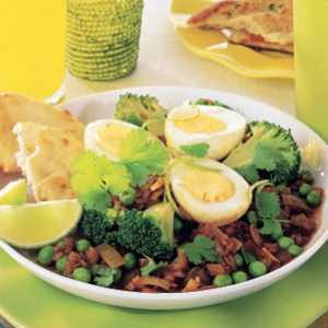 Eggs with spicy peas and lentils