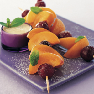 Fruit brochettes with rosewater cashew cream