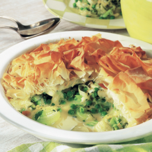 Leek and spring green filo pie