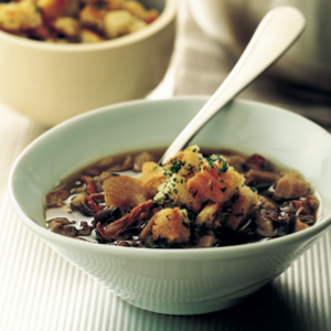 Mushroom broth with herby croutons