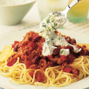 Spicy chicken chilli with spaghetti