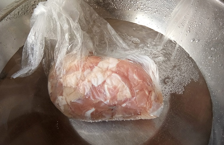 The safest way to defrost meat is slowly in the fridge