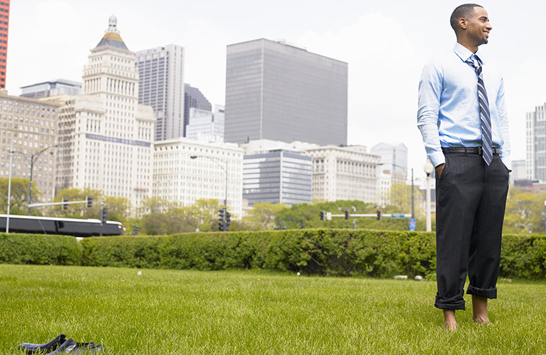 Walking barefoot through the park