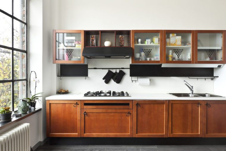 The fridge and cupboards