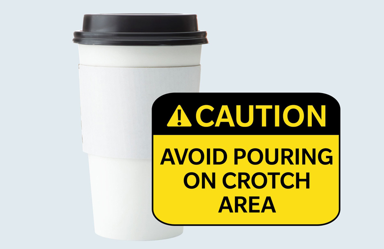 Warning label on a takeout coffee cup: