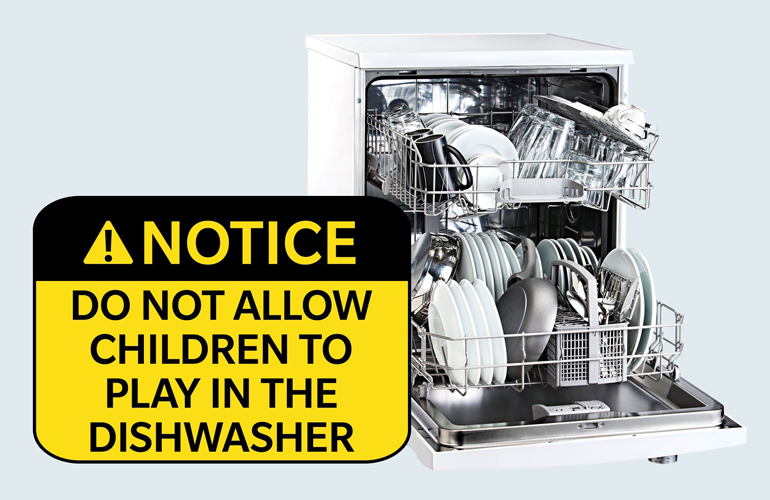Warning label on a dishwasher: