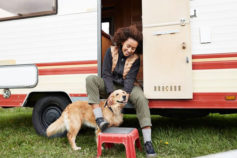loyal dog with owner outside a caravan
