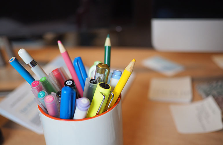 Pens, paper clips and erasers