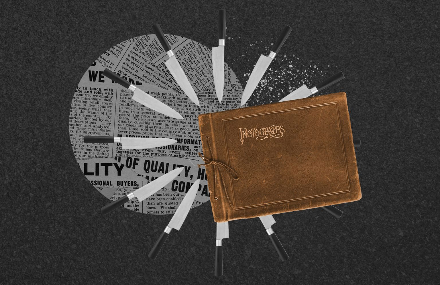 A photo album stabbed with a knife