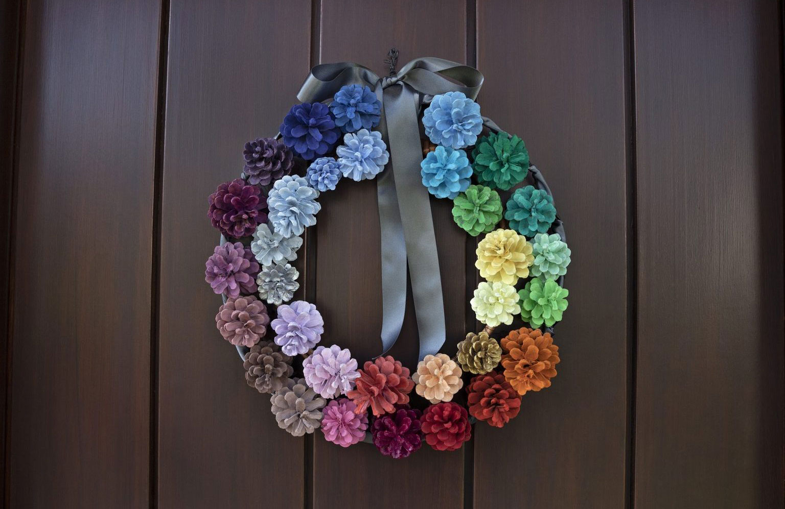 Rainbow pine cones Christmas wreath