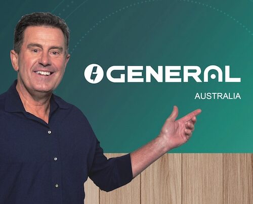 Mark Taylor, GENERAL Australia ambassador, with the rebranded GENERAL (formerly Fujitsu General) logo