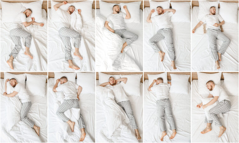 young man lie in bed with 10 different sleeping positions