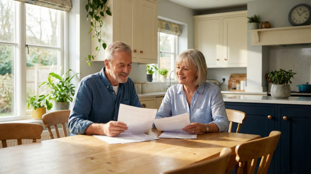 Senior couple sitting at a dining table reviewing their insurance policy documents.