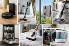 Collage of seven home cleaning appliances: robot vacuum, stick vacuum, window-cleaning robot, steam mop, dishwasher, handheld vacuum and water-tank cleaner.