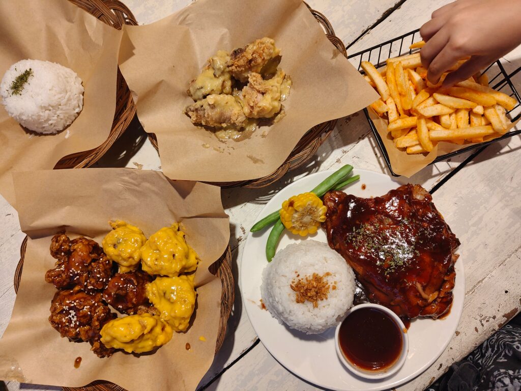 fried chicken, fries and stake and rice