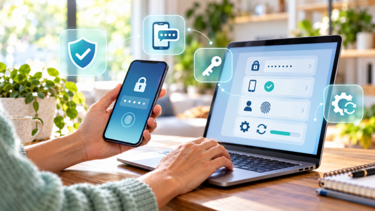 Smartphone and laptop showing secure login and multi-factor authentication.