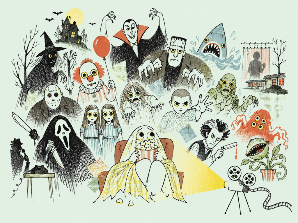 Cartoon collage of iconic horror movie characters.