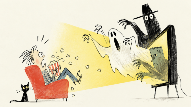 Cartoon viewer startled by spooky movie characters emerging from a television