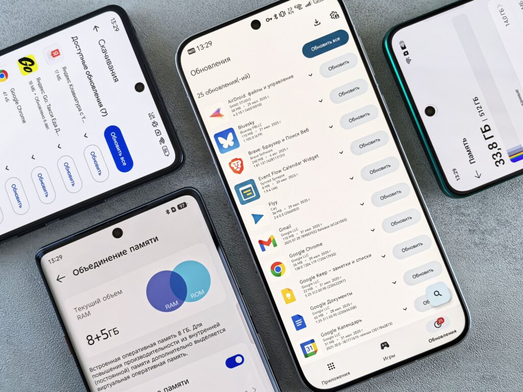 Smartphones displaying software updates and device security settings.